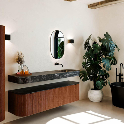 MONDIAZ THOR-DLUX 170cm meuble de salle de bains arrondi gauche + droite couleur Ruby avec 1 tiroir et 2 portes. Vasque suspendue CLOUD droite sans trou de robinet couleur Lava.