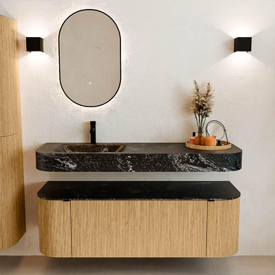 MONDIAZ THOR-DLUX 140cm meuble de salle de bains arrondi gauche + droite couleur Oak avec 1 tiroir et 2 portes. Vasque suspendue CLOUD gauche 1 trou de robinet couleur Lava.