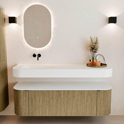 MONDIAZ THOR 150cm meuble de salle de bains arrondi gauche + droite couleur Dusk avec 1 tiroir et 2 portes. Vasque suspendue CLOUD Gauche sans trou de robinet couleur Talc.