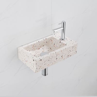 FugaFlow Eccelente Pietra Ensemble fontaine - 40x22x10cm - trou de robinet à droite - robinet de fontaine chrome - bouchon de vidange - siphon abaissé - beige mat