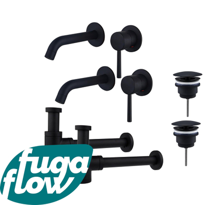 FugaFlow Eccelente Sobrado Badkamer Slim Wastafelkraanset - voor dubbele wastafel - inbouw wastafelkraan - always open plug - verlaagde design sifon - Mat zwart