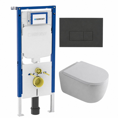 QeramiQ Dely Swirl Pack WC - 36,3x51,7cm - réservoir encastré Geberit UP720 Duofix Sigma - assise 35mm - plaque de déclenchement anthracite mat - boutons rectangulaires - blanc brillant