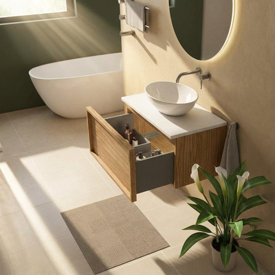 Saniclass Holz Frame Ensemble de meuble de salle de bains - 80x45x42.5cm - plan de travail Torino en Solid Surface blanc - sans trou de robinet - 1 tiroir - chêne natural mat (bois)