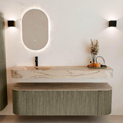 MONDIAZ THOR-DLUX 160cm meuble de salle de bains arrondi gauche + droite couleur Shadow avec 1 tiroir et 2 portes. Vasque suspendue CLOUD gauche 1 trou de robinet couleur Arena.