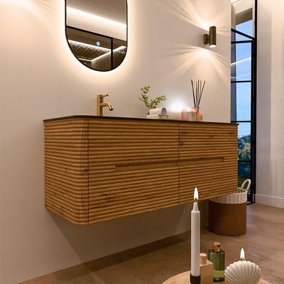 Mondiaz CIRO-DLUX Ensemble de meubles de salle de bains - 130x45x50cm - vasque solid surface Lava - 1 lavabo à gauche - 1 trou de robinet - 4 tiroirs - Chêne