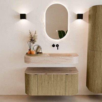 MONDIAZ THOR-DLUX 100cm meuble de salle de bains arrondi gauche + droite couleur Dusk avec 1 tiroir et 2 portes. Vasque suspendue CLOUD Droite sans trou de robinet couleur Saba.