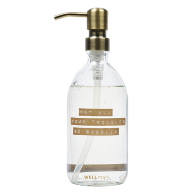 Wellmark Handzeep helder glas messing pomp 500ml tekst MAY ALL YOUR TROUBLES BE BUBBLES Brons label