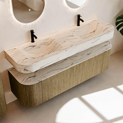 MONDIAZ THOR-DLUX 160cm meuble de salle de bains arrondi gauche + droite couleur Dusk avec 1 tiroir et 2 portes. Vasque suspendue CLOUD Double 2 trous de robinet couleur Nata.