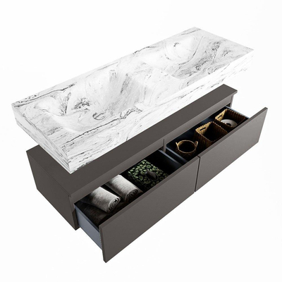 Mondiaz ALAN-DLUX Ensemble de meuble - 130cm - meuble Dark grey mat - 2 tiroirs - Lavabo Cloud Glace suspendu - vasque Gauche et droite - 0 trous de robinet