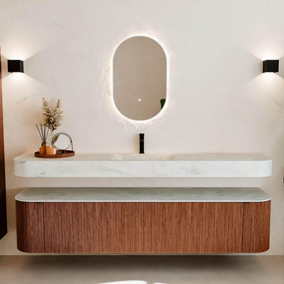 MONDIAZ THOR-DLUX Meuble de salle de bains - 200cm - arrondi gauche + droite - couleur Ruby - 2 tiroirs - 2 portes - Vasque suspendue CLOUD Milieu 1 trou de robinet - couleur Opalo