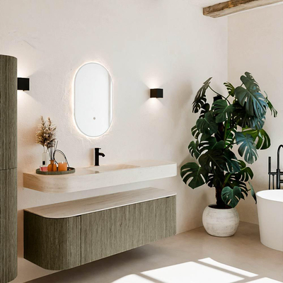 MONDIAZ THOR-DLUX 150cm meuble de salle de bains arrondi gauche + droite couleur Shadow avec 1 tiroir et 2 portes. Vasque suspendue CLOUD Milieu 1 trou de robinet couleur Meli.