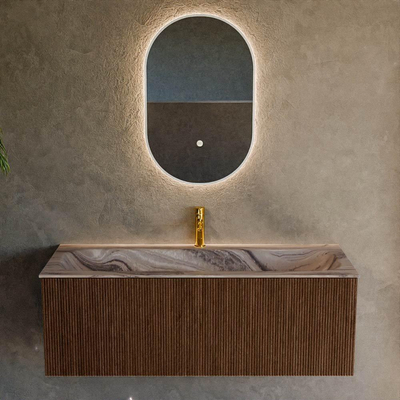 MONDIAZ KURVE-DLUX 120cm badmeubel kleur Walnut met 1 lade en 0 deuren. Wastafel BIG LARGE Midden 1 kraangat Sombra.
