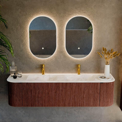 Mondiaz KURVE-DLUX Badkamermeubelset - 170x46x40cm - 1 lade - 2 deuren - wastafel solid surface - dubbel - 2 kraangaten - Ruby