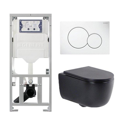 QeramiQ Dely Swirl Pack WC - 36.5x53cm - réservoir encastré Geberit UP320 - abattant mince - plaque de déclenchement sigma blanche - boutons ronds - noir mat