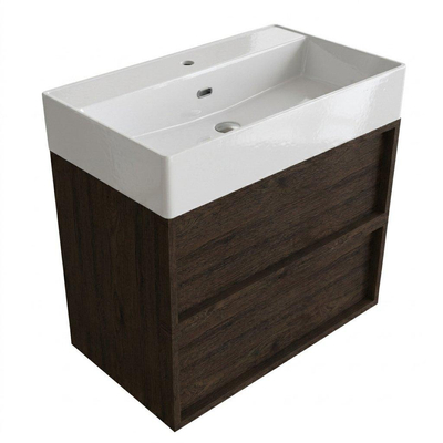 Saniclass Holz Frame Ensemble de meubles de salle de bains - 80x45x72cm - lavabo Legend en céramique blanc - 1 vasque - 1 trou de robinetterie - 2 tiroirs - chêne charcoal mat (bois)
