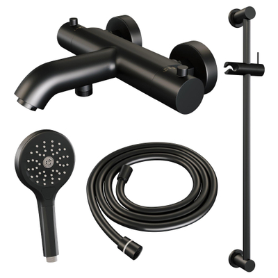 Brauer Black Edition Robinet baignoire thermostatique avec barre de douche et douchette ronde 3 jets Noir mat