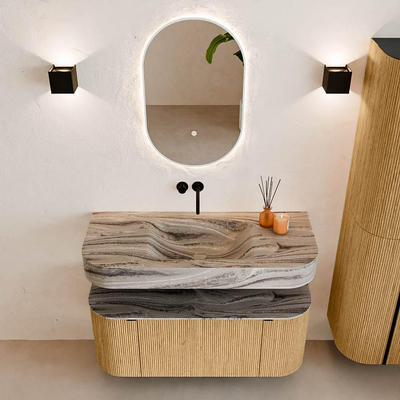 MONDIAZ THOR-DLUX 110cm badmeubel ronding links + rechts kleur Oak met 1 lade en 2 deuren. Vrijhangende wastafel CLOUD Midden zonder kraangat kleur Sombra.