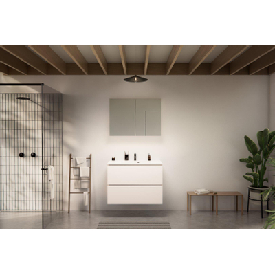 Nemo Start badkamermeubelset - 90x65x49.5cm - 2 lades - greeploos - 1 wasbak wit glans - 1 kraangat - met spiegelkast - MDF standard white