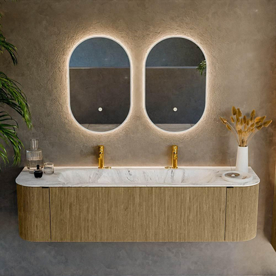 Mondiaz KURVE-DLUX Badkamermeubelset - 170x46x40cm - 1 lade - 2 deuren - wastafel solid surface - midden - 2 kraangaten - Dusk