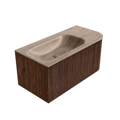 MONDIAZ KURVE-DLUX meuble de salle de bains 95cm arrondi Droit couleur Noyer avec 1 tiroir et 1 porte. Lavabo BIG SMALL Gauche sans trou de robinet Saba.