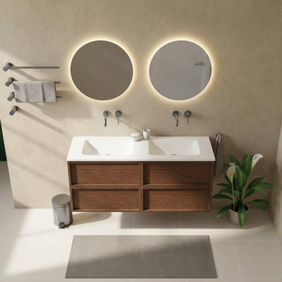 Saniclass Holz Frame Ensemble meuble de salle de bains - 140x45x77.5cm - lavabo Torino en surface solide blanc - sans trou de robinetterie - 4 tiroirs - noyer pur mat (bois)