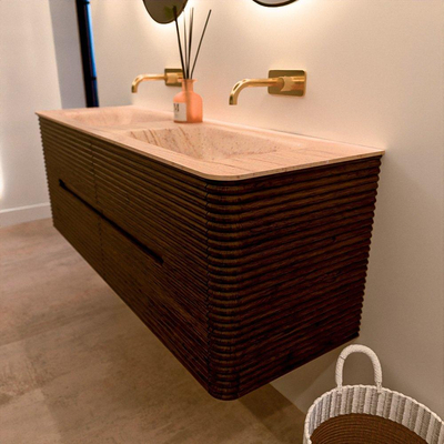 Mondiaz CIRO-DLUX Badkamermeubelset - 140x45x50cm - Solid surface wastafel Saba - 2 wasbak Dubbel - zonder kraangaten - 4 lades - Walnut