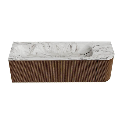 MONDIAZ KURVE-DLUX 145cm Meuble salle de bain avec module 25 D - couleur Walnut - 1 tiroir - 1 porte - vasque BIG LARGE gauche - 1 trou de robinet - couleur Glace