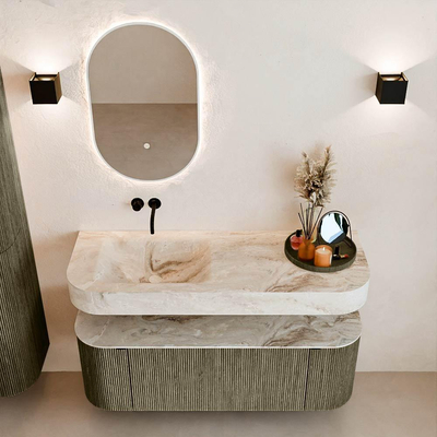 MONDIAZ THOR-DLUX 130cm meuble de salle de bains arrondi gauche + droite couleur Shadow avec 1 tiroir et 2 portes. Vasque suspendue CLOUD Gauche sans trou de robinet couleur Frappe.