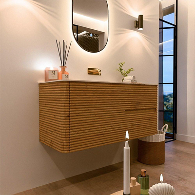 Mondiaz CIRO-DLUX Ensemble de meubles de salle de bains - 110x45x50cm - Plan vasque en solid surface Nata - 1 vasque au milieu - sans trous de robinetterie - 2 tiroirs - Chêne