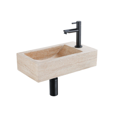 Saniclass Fuente Ensemble de fontaine - 40x22x10cm - trou de robinet à droite - robinet de fontaine noir mat - bouchon de vidange - siphon abaissé - pierre naturelle mouchetée
