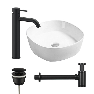 FugaFlow Eccelente Arredo vasque à poser 44x44x13.5cm avec robinet et vidange bonde clic clac Carré Porcelaine Noir mat