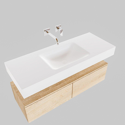 MONDIAZ ALAN 120cm - meuble bas - chêne délavé - 2 tiroirs - vasque suspendue - lavabo au centre - 0 trous de robinet - talc