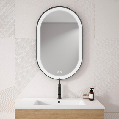 Saniclass Vygo Spiegel - 80cm - ovaal - 6mm - LED verlichting - spiegelverwarming - zwart - licht beschadigd-OUTLETSTORE