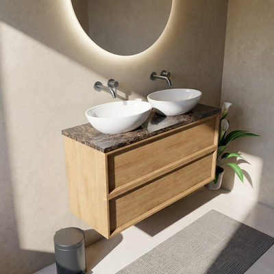 Saniclass Holz Frame Ensemble meuble de salle de bains - 120x45x63cm - Plan de travail en pierre naturelle Noche dark emperador - sans trou de robinet - 2 tiroirs - chêne natural mat (bois)