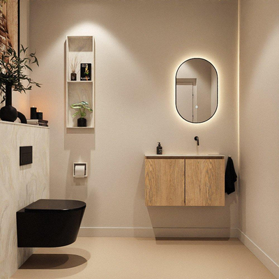 MONDIAZ TURE-DLUX Meuble toilette - 80cm - Washed Oak - EDEN - vasque Ostra - position droite - sans trou de robinet
