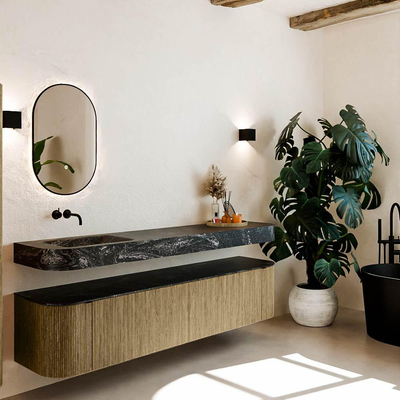 MONDIAZ THOR-DLUX Meuble de salle de bains - 200cm - arrondi gauche + droite - couleur Dusk - 2 tiroirs - 2 portes - Vasque suspendue CLOUD gauche sans trou de robinet - couleur Lava