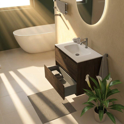 Saniclass Holz Pure Ensemble meuble de salle de bains - 80x45x61.5cm - Vasque Flow en solid surface blanc - 1 vasque - 1 trou de robinetterie - 2 tiroirs - chêne charcoal mat (bois)