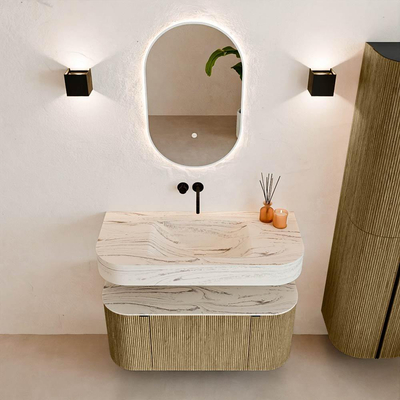 MONDIAZ THOR-DLUX 100cm meuble de salle de bains arrondi gauche + droite couleur Dusk avec 1 tiroir et 2 portes. Vasque suspendue CLOUD Milieu sans trou de robinet couleur Nata.