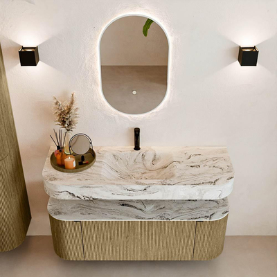 MONDIAZ THOR-DLUX Meuble de salle de bains 130cm arrondi gauche + droite couleur Dusk avec 1 tiroir et 2 portes. Vasque suspendue CLOUD Milieu 1 trou de robinet couleur Glace.