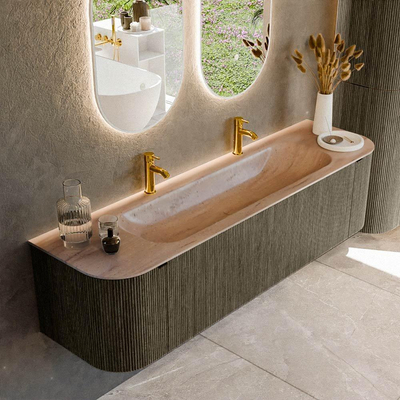 MONDIAZ KURVE-DLUX Meuble de salle de bains 170cm arrondi Gauche + Droite couleur Shadow avec 1 tiroir et 2 portes. Lavabo BIG LARGE Central 2 trous de robinet Saba.