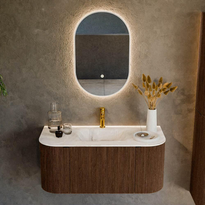 MONDIAZ KURVE-DLUX 100cm badmeubel met module 25 Len R kleur Walnut met 1 lade en 2 deuren. Wastafel GRUNNE midden 1 kraangat kleur Frappe.