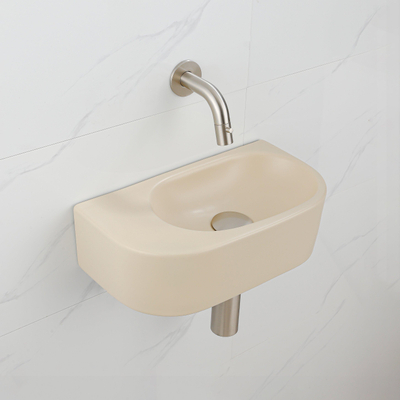 QeramiQ Fuente Fonteinset - 40x21.5x12cm - glad - halfrond - zonder kraangat - keramiek - fonteinkraan geborsteld rvs - afvoerplug - verlaagd sifon - beige