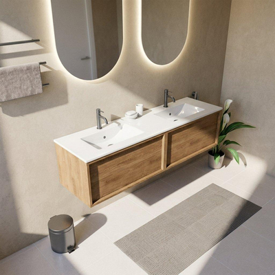 Saniclass Holz Frame Ensemble de meubles de salle de bains - 160x45x42cm - Vasque Vygo en céramique blanche - 2 vasques - 2 trous de robinet - 2 tiroirs - chêne naturel mat (bois)