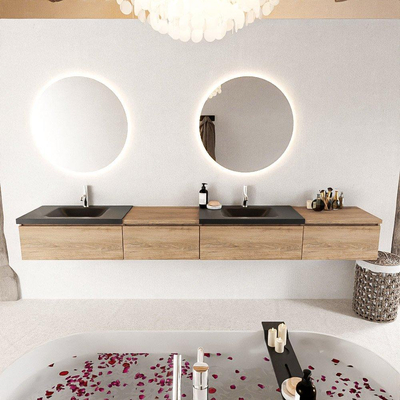 MONDIAZ BUKLA 280cm ensemble de meuble avec module 60 gauche couleur Chêne blanchi avec 4 tiroirs. Lavabo CLOUD double 2 trous de robinet couleur Urbain.