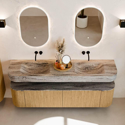 MONDIAZ THOR-DLUX 180cm badmeubel ronding links + rechts kleur Oak met 2 lades en 2 deuren. Vrijhangende wastafel CLOUD Dubbel zonder kraangat kleur Oza.
