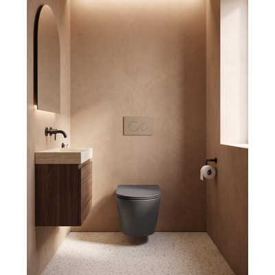 QeramiQ Dely Pack WC - 36,3x51,7cm - à fond creux - sans bride - réservoir encastré Geberit UP320 - abattant WC à fermeture douce - plaque de déclenchement taupe - boutons ronds - noir mat