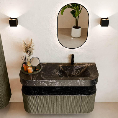 MONDIAZ THOR-DLUX 120cm meuble de salle de bains arrondi gauche + droite couleur Shadow avec 1 tiroir et 2 portes. Vasque suspendue CLOUD Droite 1 trou de robinet couleur Lava.