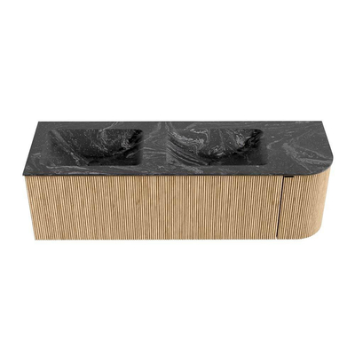 MONDIAZ KURVE-DLUX Meuble de salle de bains 145 cm avec module 25 R couleur Chêne avec 1 tiroir et 1 porte. Lavabo LEAF double / gauche 2 trous de robinet couleur Lava.