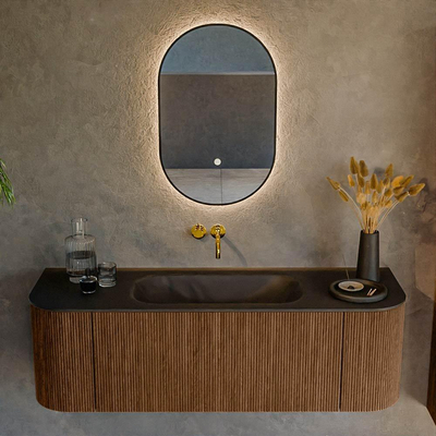 MONDIAZ KURVE 140cm Meuble salle de bain avec module 25 G et D - couleur Walnut - 1 tiroir - 2 portes - vasque BIG SMALL centre - sans trous de robinet - Urban