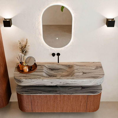 MONDIAZ THOR-DLUX Meuble de salle de bains 140cm arrondi gauche + droite couleur Ruby avec 1 tiroir et 2 portes. Vasque suspendue CLOUD Centre sans trou de robinet couleur Sombra.